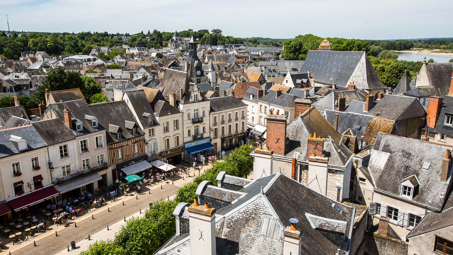 Aerial view of slate rooftops in the village of Amboise, Loire Valley, France