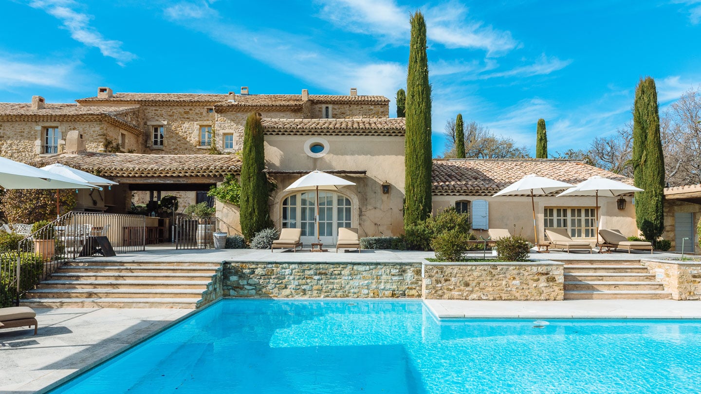 Pool and patio at La Verrière in Vaucluse, Provence, France