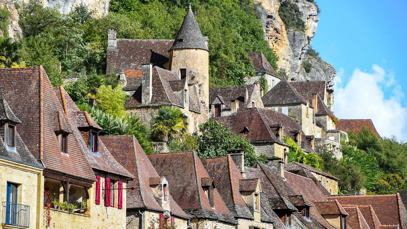 Closeup of buildings constructed in the cliffsided in Rocamadour, France